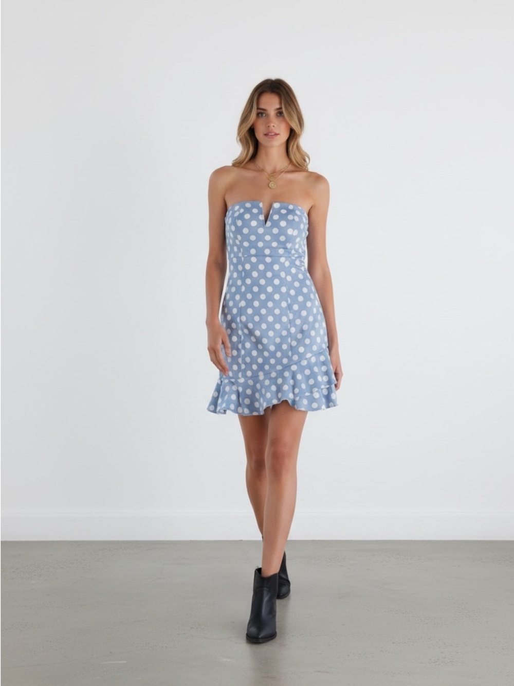 Red Dress Boutique Light Blue Polka Dot Strapless Mini Dress